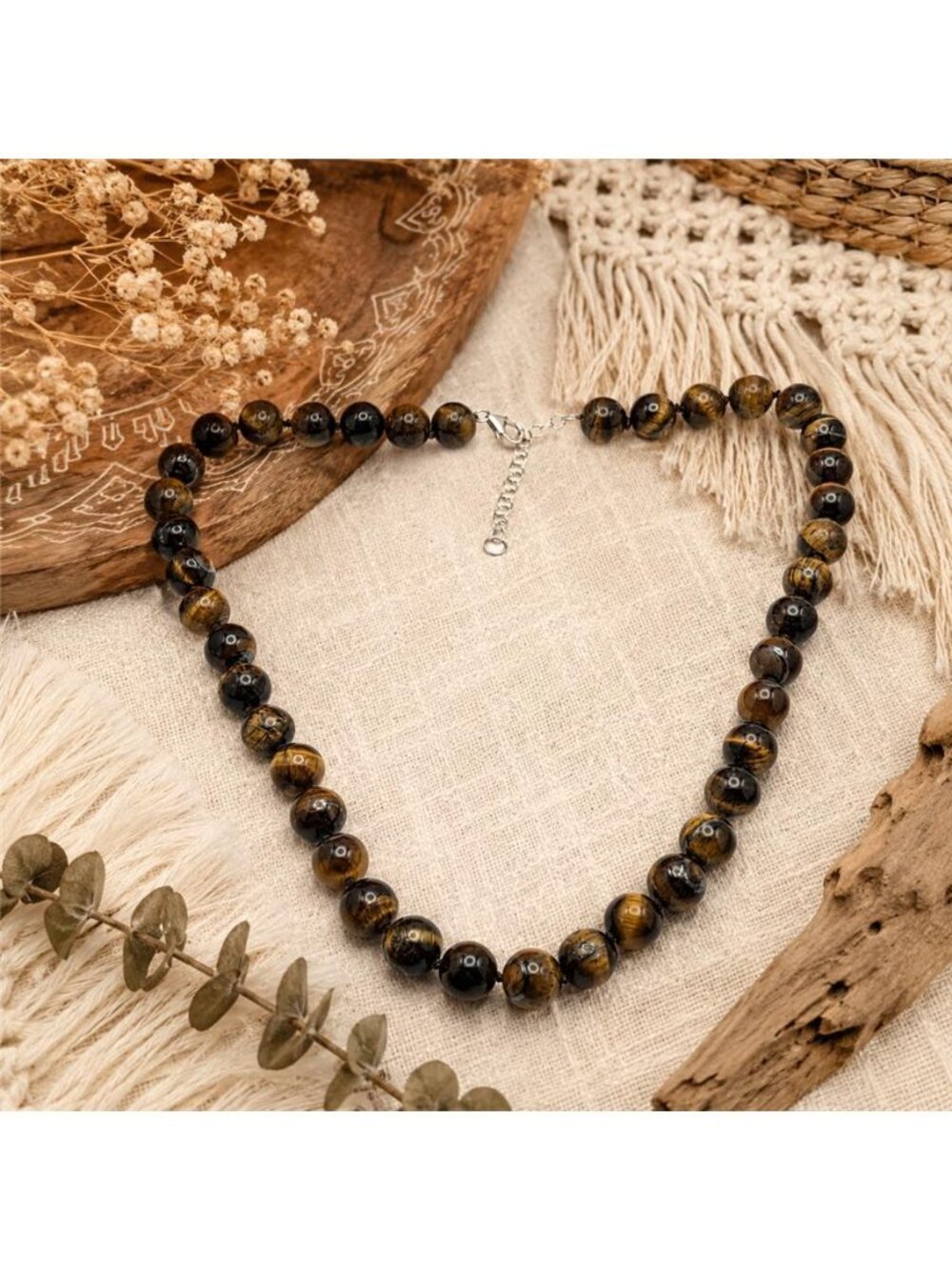 Genuine Tiger's Eye Beaded Necklace Hand Knotted 925 Sterling Silver 20 In BBJ